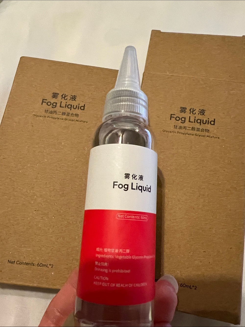Fog Liquid Bottle - Clear with White & Red Label
